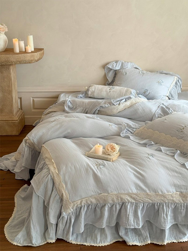 French Princess Bedding Set Double Layer Cotton Gauze Flat Sheet Bed Skirt