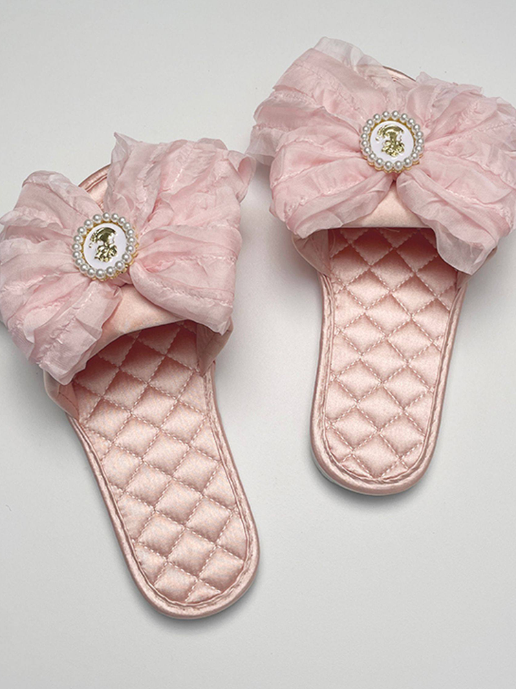 Fairy Style Champagne Pink Satin House Slippers Soft Non Slip Sole