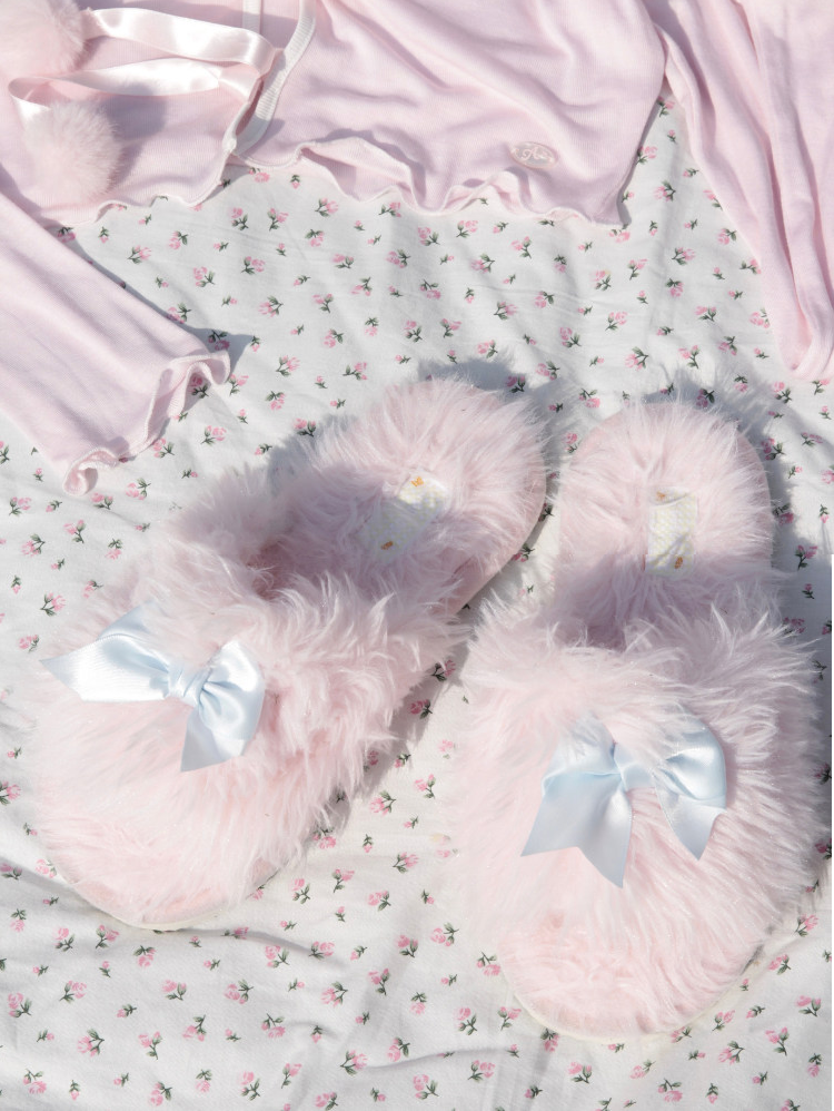 Cute Bow Plush House Slippers Fall Winter Indoor