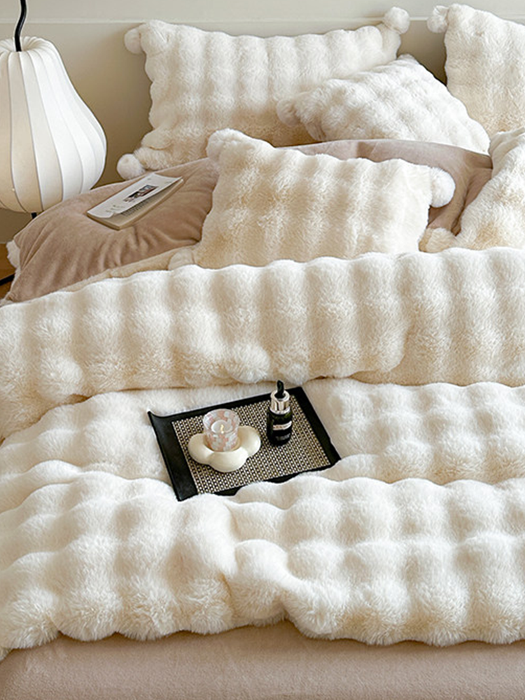 Minimalist Winter Faux Rabbit Fur Bedding Set Flat Sheet