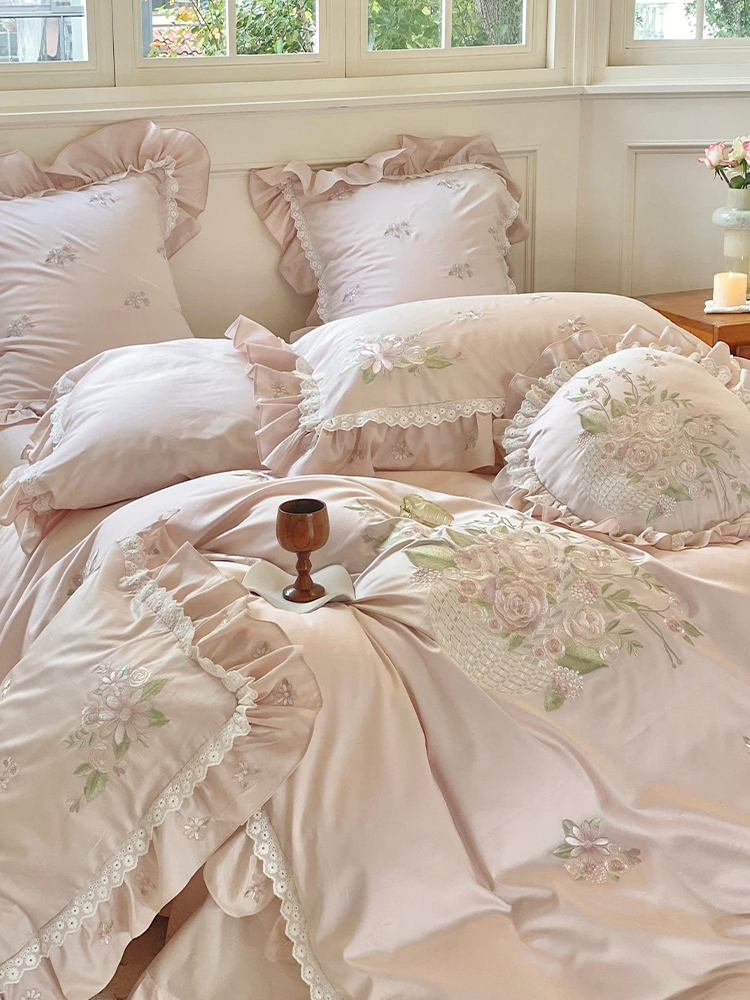 French Romantic Long Staple Cotton Bedding Set Princess Lace Flat Sheet