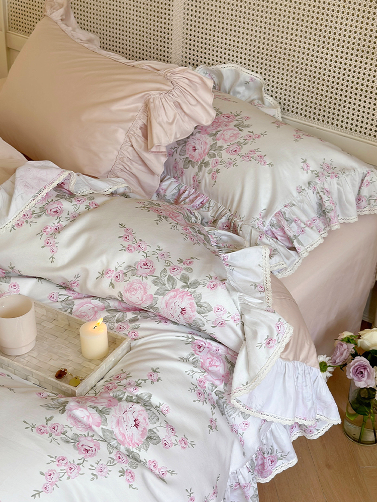 French Floral Cotton Bedding Set Romantic Lace Flat Sheet