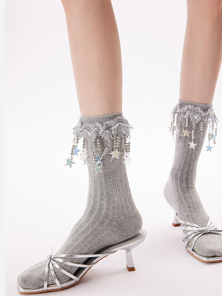 Sequin Star Tassel Mid-Calf Slouch Socks
