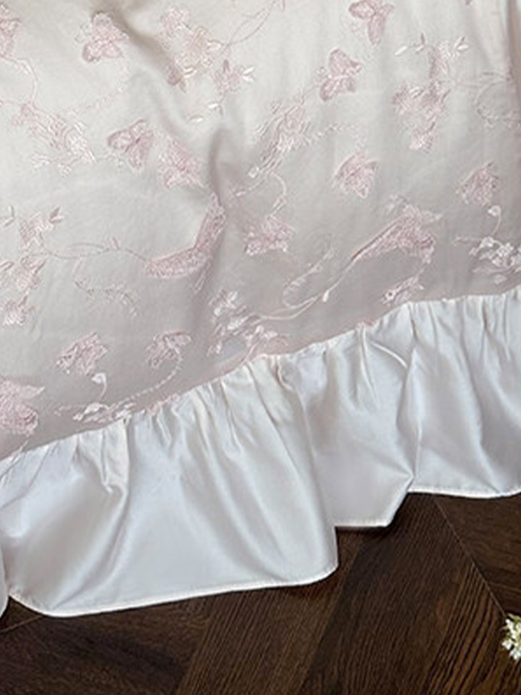 French Sweet Tencel Cotton Blend Bedding Set Butterfly Embroidered Flat Sheet