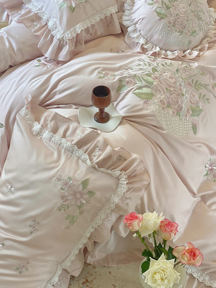 French Romantic Long Staple Cotton Bedding Set Princess Lace Flat Sheet