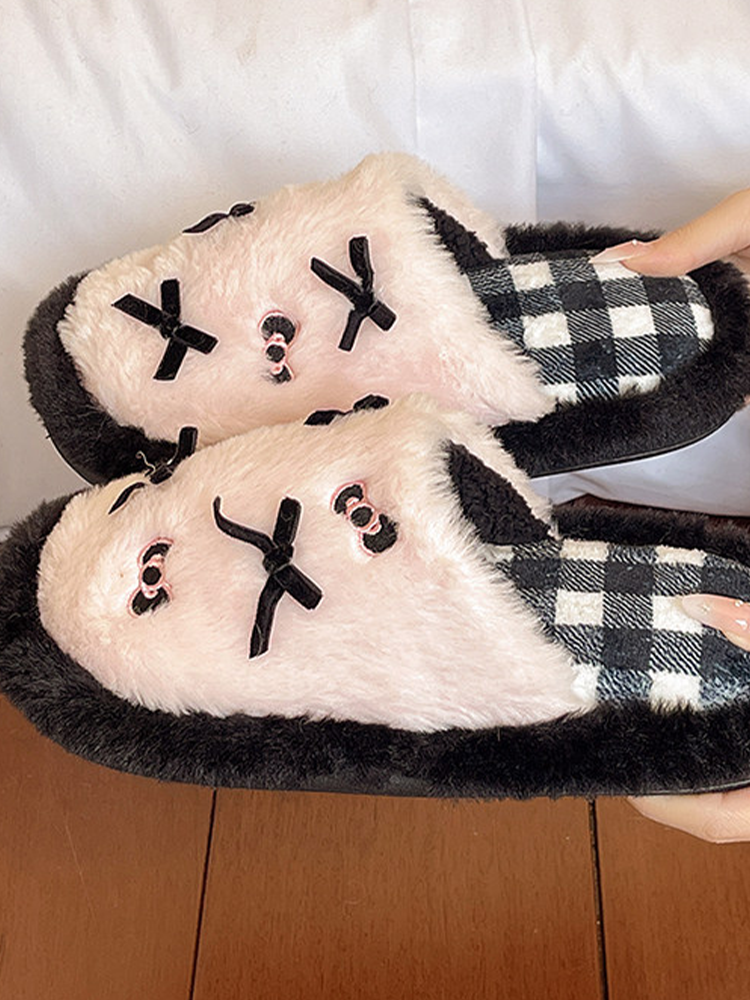 Cute Bow Plaid Closed-Toe Fuzzy House Slippers Winter Non Slip Warm