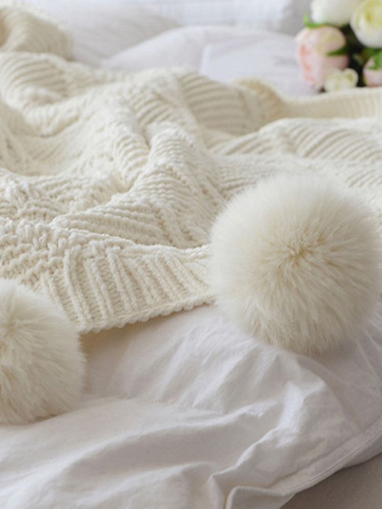 Minimalist Knitted Pom Pom Throw Blanket