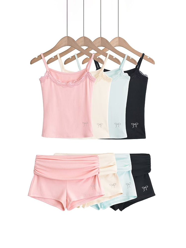 Lace Trim Ruched Cami Top & Rhinestone Hem Pants Set