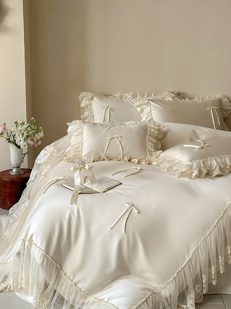 Tencel Cotton Blend Bedding Set Handcrafted Bow Lace Flat Sheet