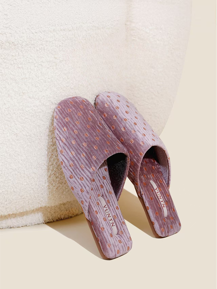 Vintage Polka Dot Crinkle Fabric House Slippers Warm Indoor