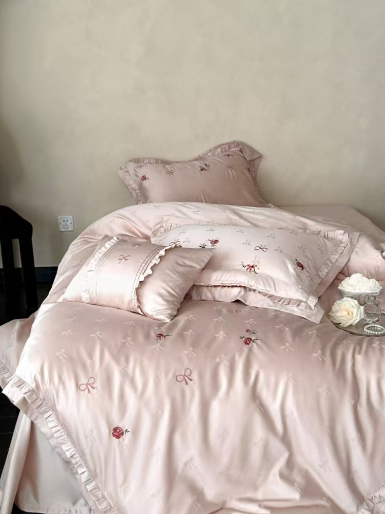 Fresh Bow Jacquard Tencel Cotton Blend Bedding Set Rose Embroidered Flat Sheet