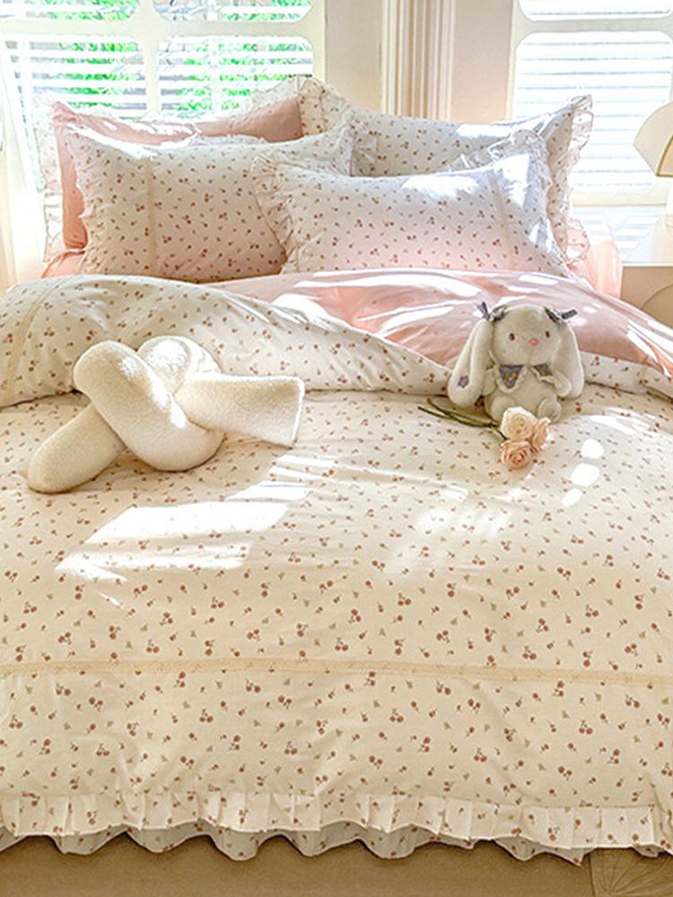 Princess Style Bedding Set Floral Ruffle Cotton Flat Sheet