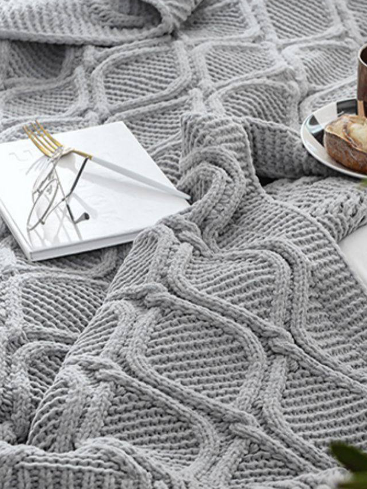 Minimalist Knitted Pom Pom Throw Blanket