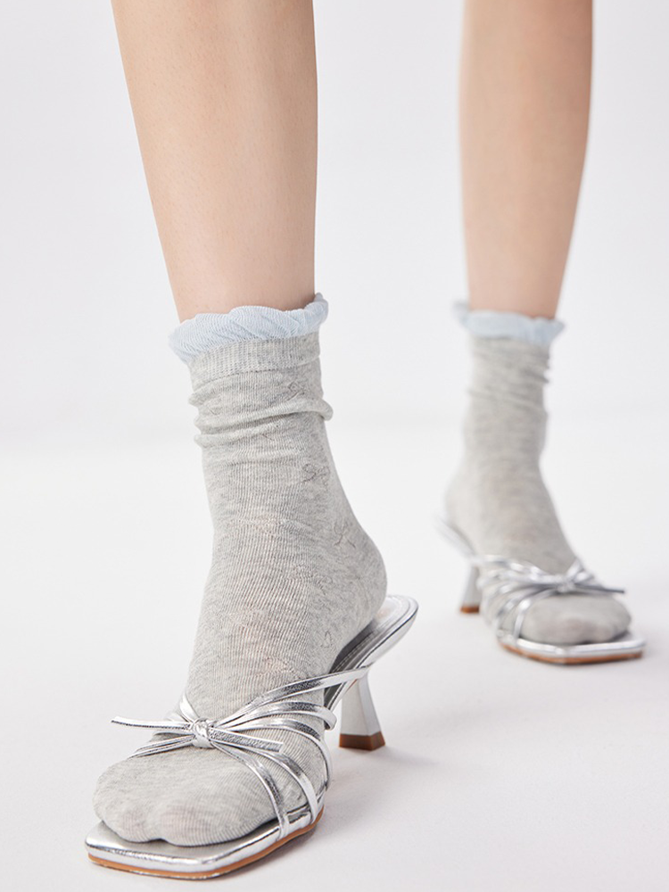 White Bow Mesh Balletcore Mid-Calf Socks