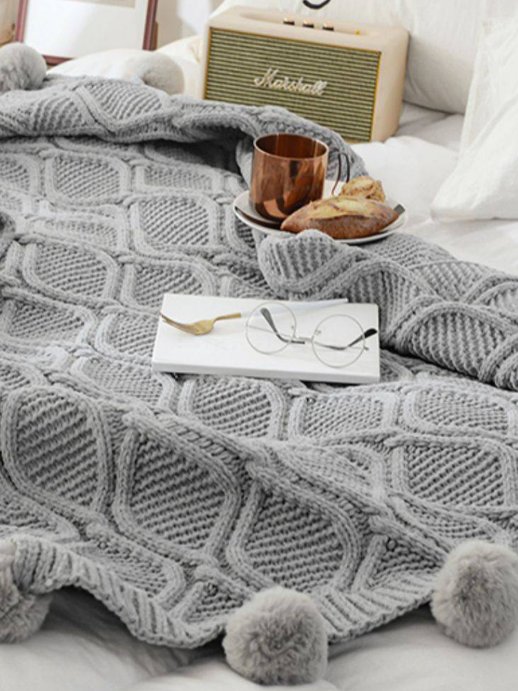 Minimalist Knitted Pom Pom Throw Blanket