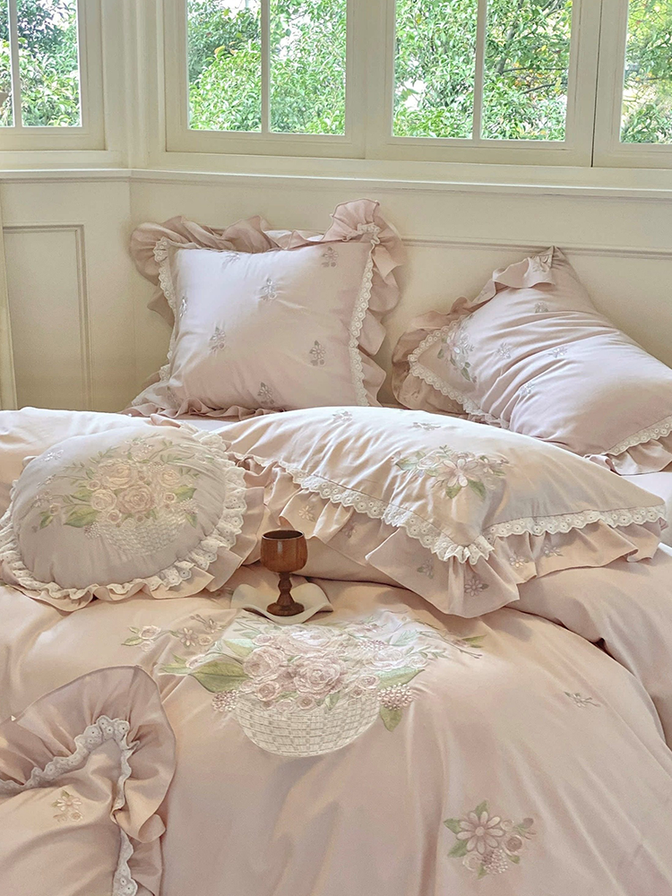 French Romantic Long Staple Cotton Bedding Set Princess Lace Flat Sheet