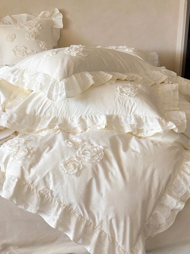 French Romantic Cotton Bedding Set 3D Floral Princess Lace Flat Sheet