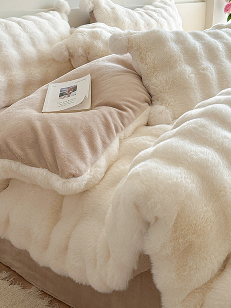 Minimalist Winter Faux Rabbit Fur Bedding Set Flat Sheet