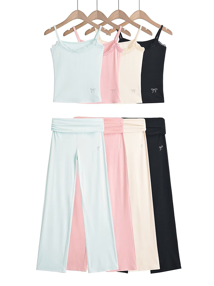 Lace Trim Ruched Cami Top & Rhinestone Hem Pants Set