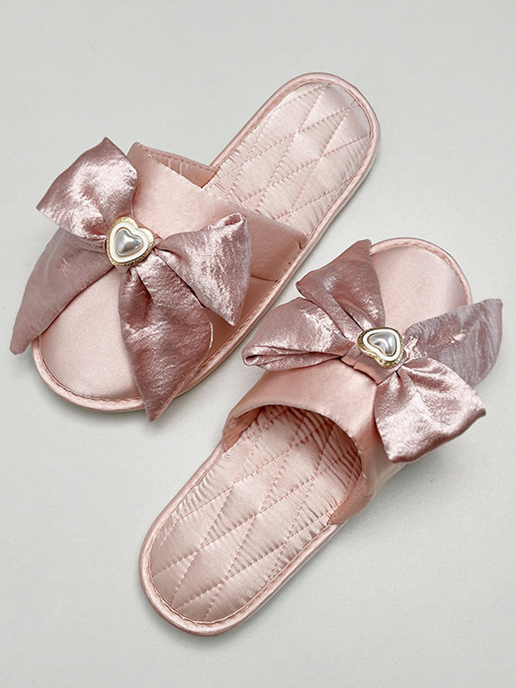 Luxury Rhinestone Bow Satin Closed-Toe House Slippers