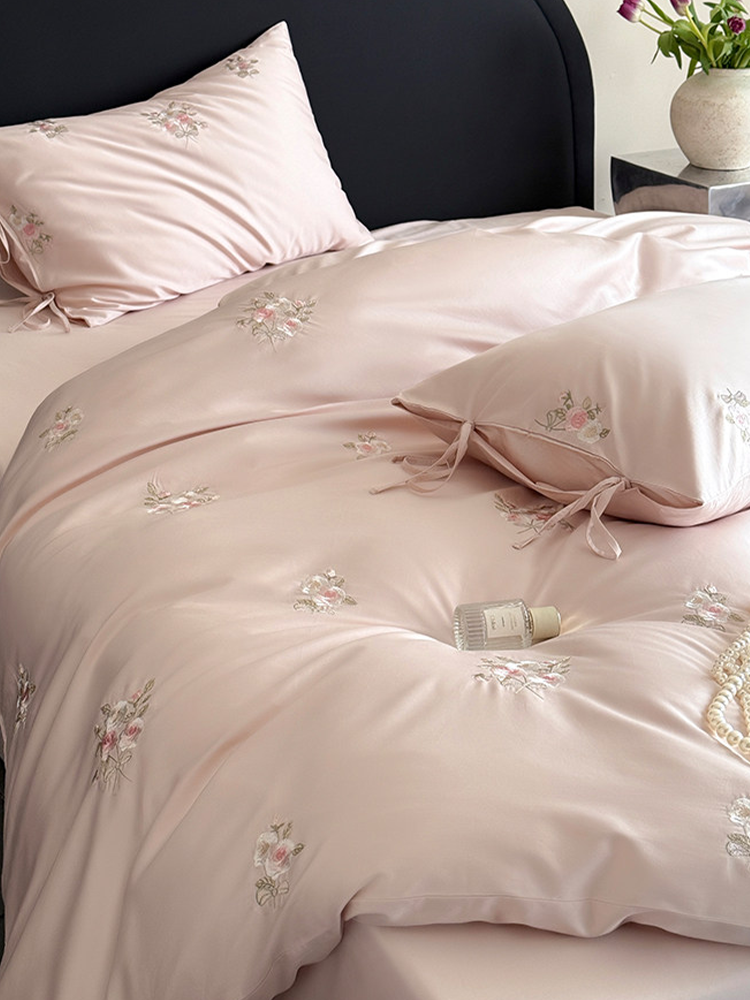 Pink Cotton Bedding Set Princess Rose Embroidered Flat Sheet