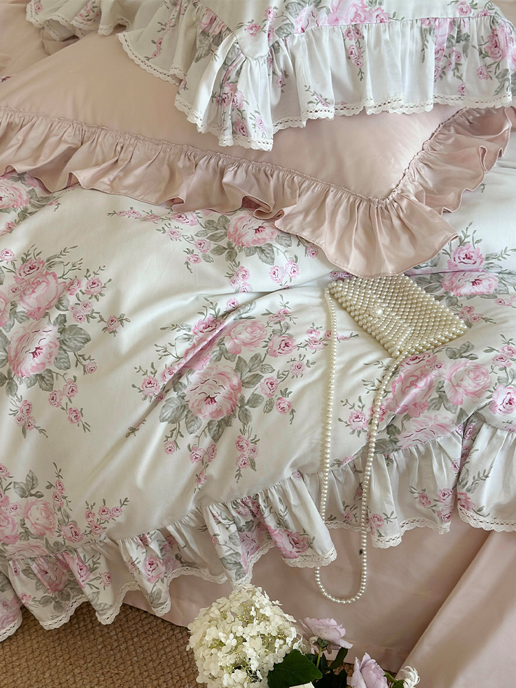 French Floral Cotton Bedding Set Romantic Lace Flat Sheet