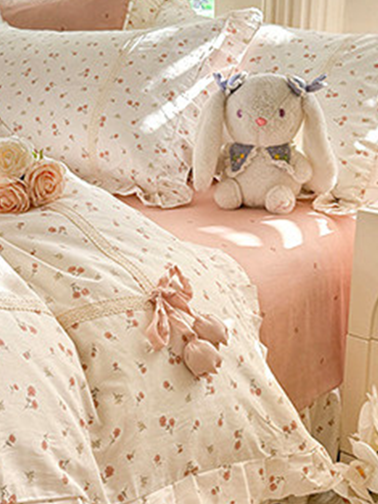Princess Style Bedding Set Floral Ruffle Cotton Flat Sheet