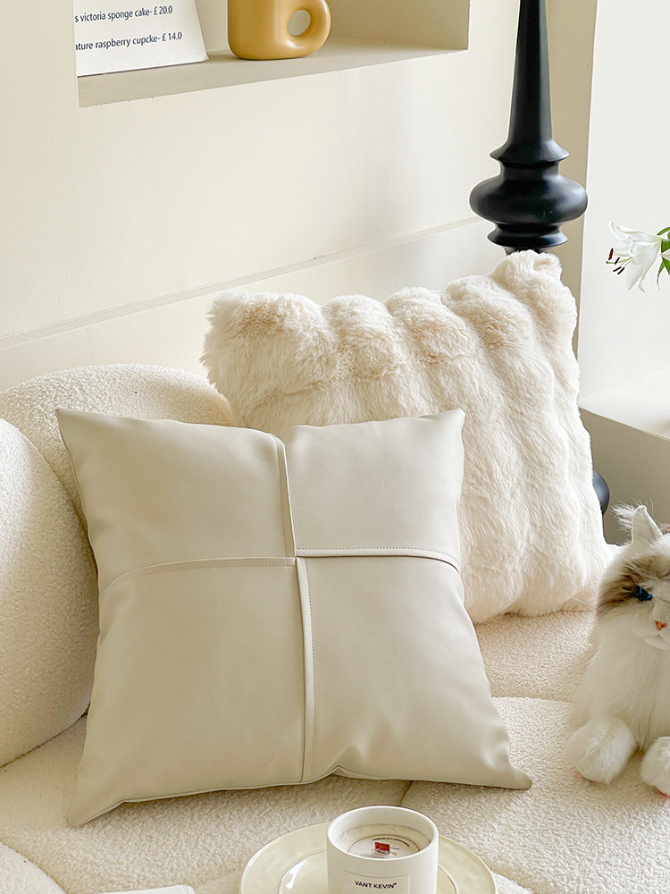 Cream White Square PU Leather Decorative Pillow