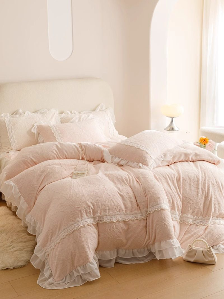 French Romantic Ultra Soft Plush Fleece Bedding Set Lace Princess Bed Skirt