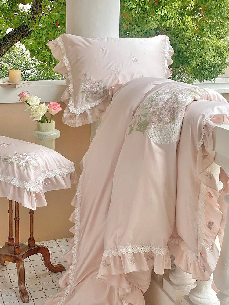 French Romantic Long Staple Cotton Bedding Set Princess Lace Flat Sheet