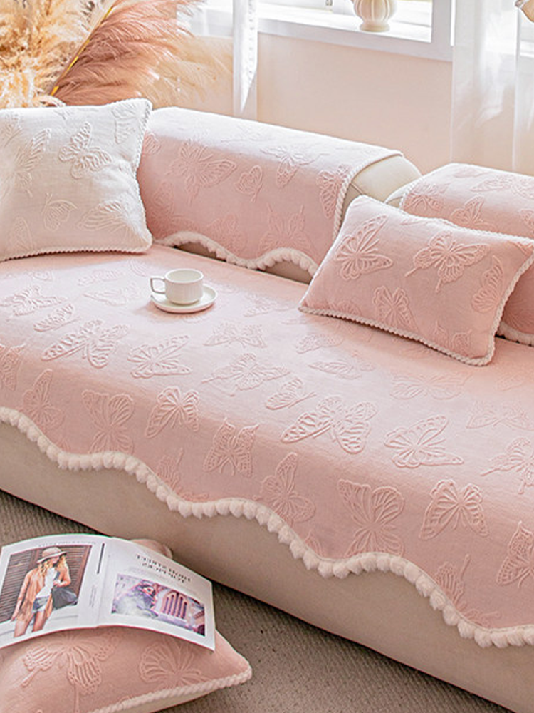 Pink Plush Non Slip Sofa Cover Winter Thickened