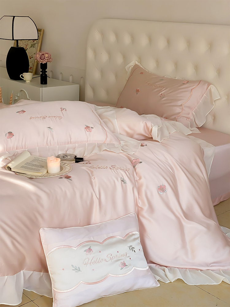 Luxury Tencel Bedding Set Cooling Silky Lace Flat Sheet