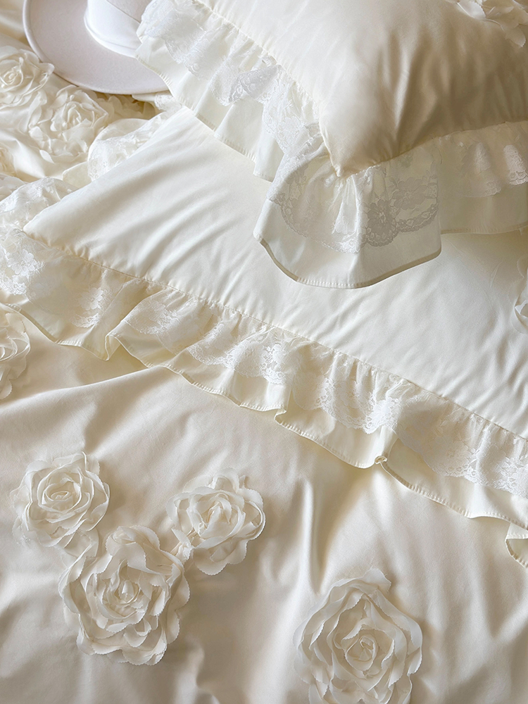 French Romantic Cotton Bedding Set 3D Floral Princess Lace Flat Sheet