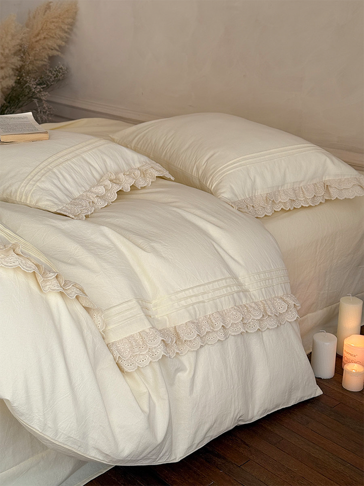 Light Luxury Washed Cotton Bedding Set Elegant Lace Flat Sheet