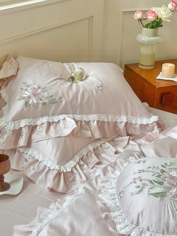 French Romantic Long Staple Cotton Bedding Set Princess Lace Flat Sheet