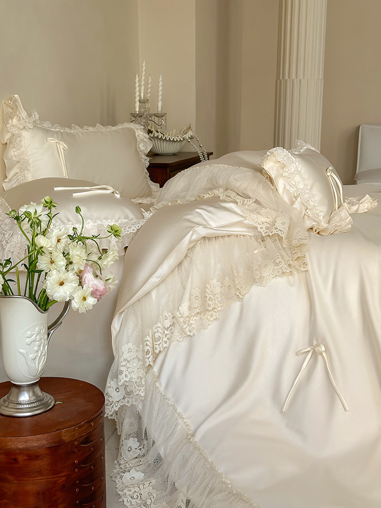 Tencel Cotton Blend Bedding Set Handcrafted Bow Lace Flat Sheet