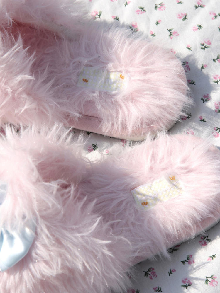 Cute Bow Plush House Slippers Fall Winter Indoor