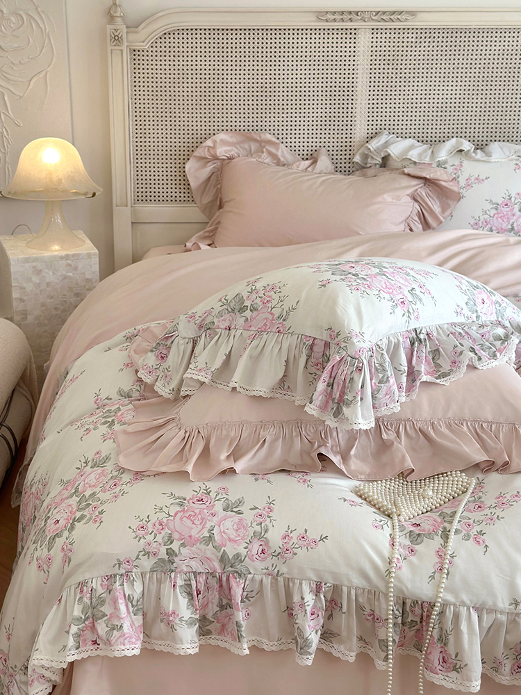 French Floral Cotton Bedding Set Romantic Lace Flat Sheet