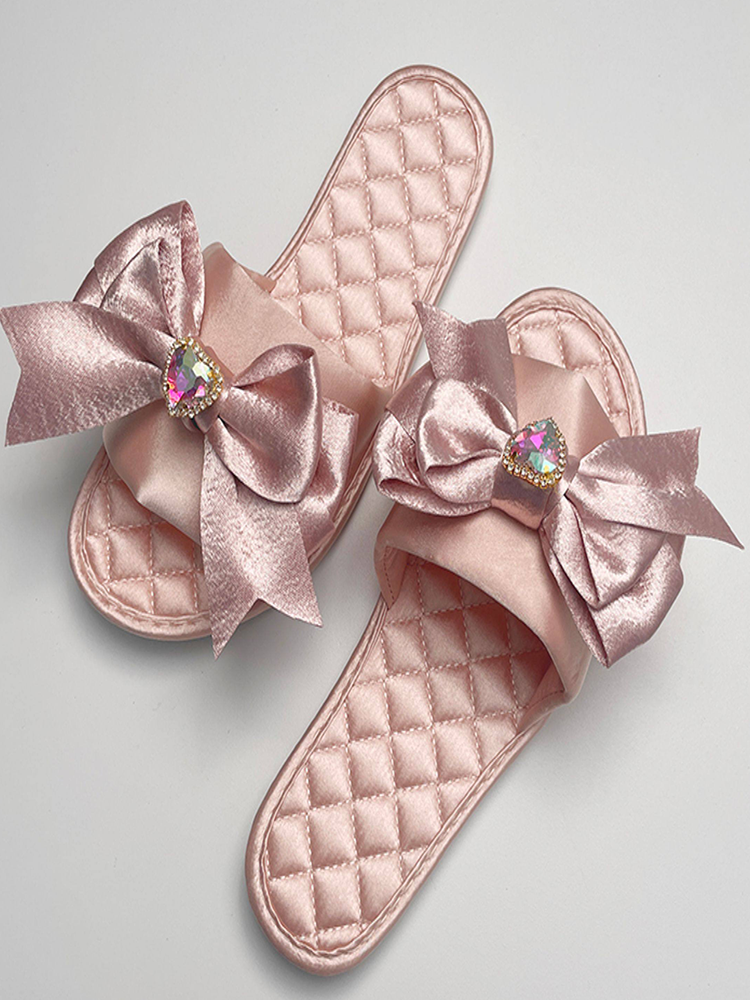 Romantic Satin House Slippers Champagne Pink Soft Non Slip