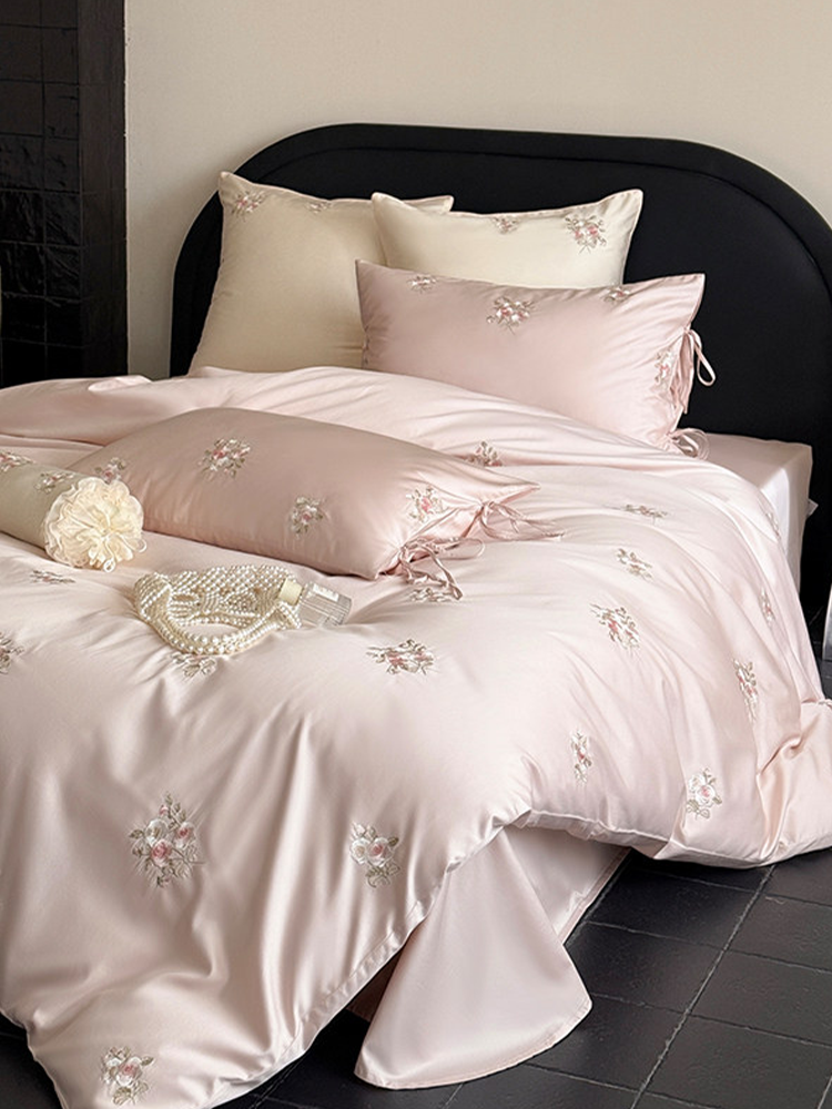 Pink Cotton Bedding Set Princess Rose Embroidered Flat Sheet