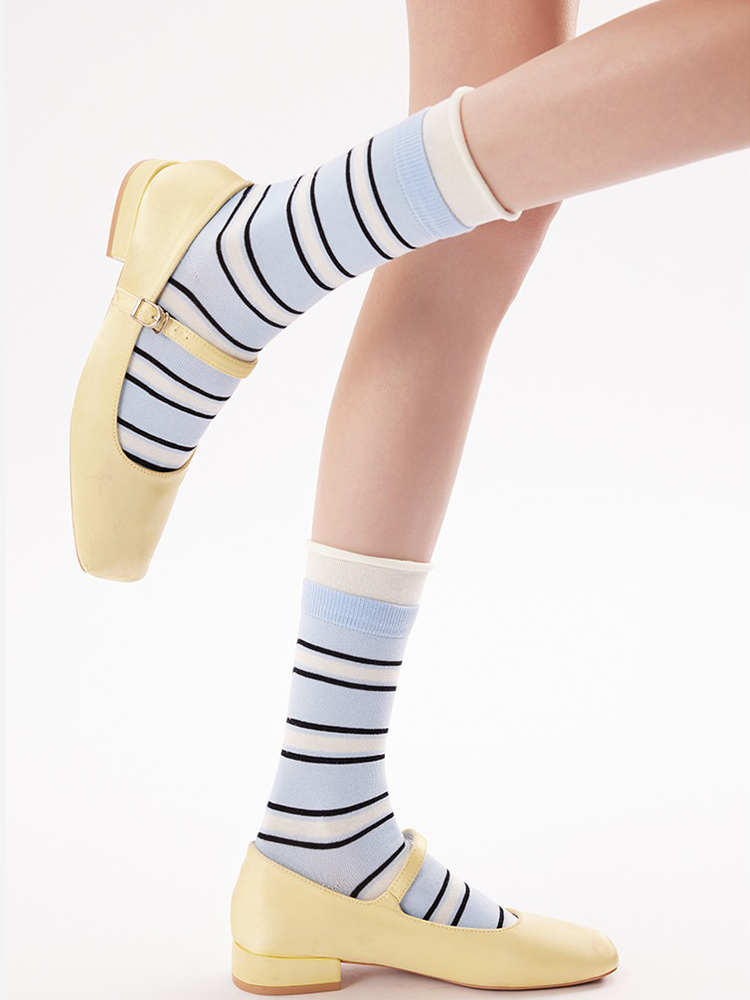 Striped Contrast Cuff Cotton Crew Socks
