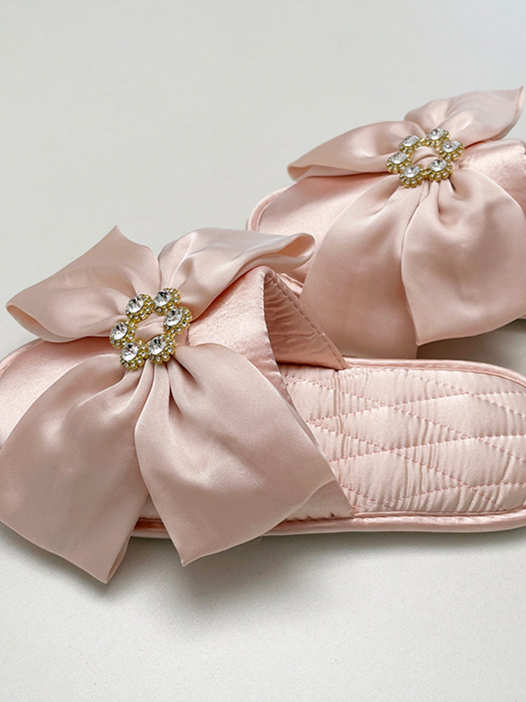Luxury Rhinestone Bow Satin Closed-Toe House Slippers
