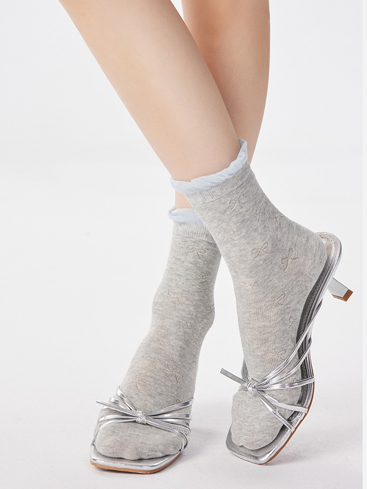 White Bow Mesh Balletcore Mid-Calf Socks