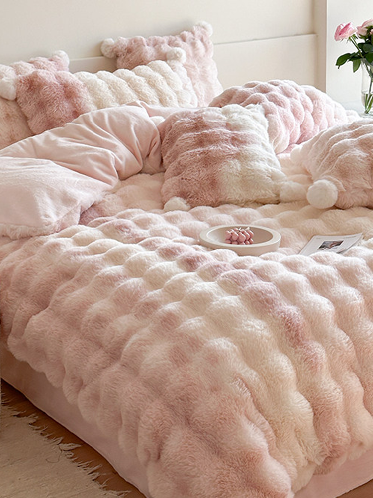 Minimalist Winter Faux Rabbit Fur Bedding Set Flat Sheet