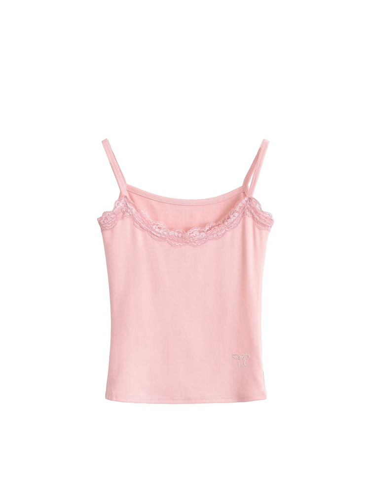 Lace Trim Ruched Cami Top & Rhinestone Hem Pants Set