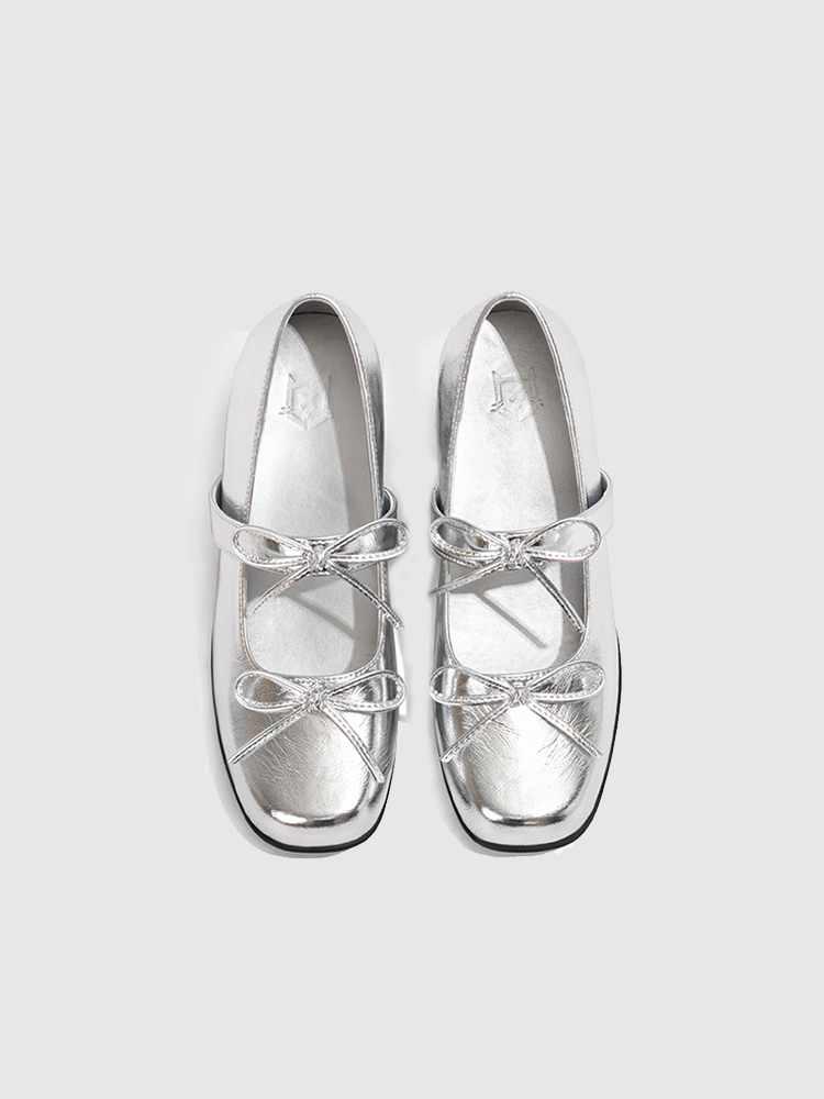 7cm Height-Increase Silver Bow Mary Jane Ballet Flats