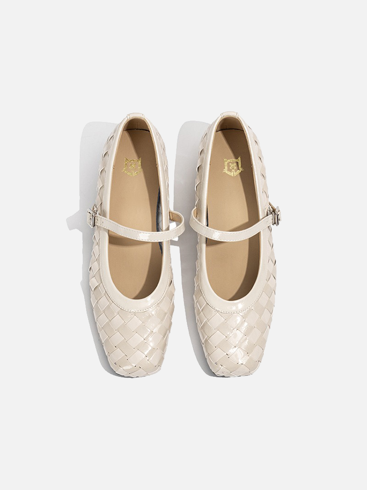 French Woven Slip-On Mary Jane Flats with Buckle Strap