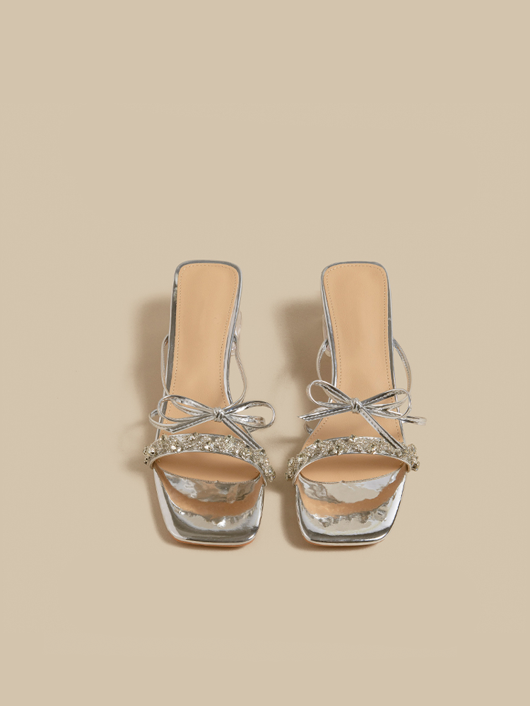 Rhinestone Bow Transparent Block Heel Pumps