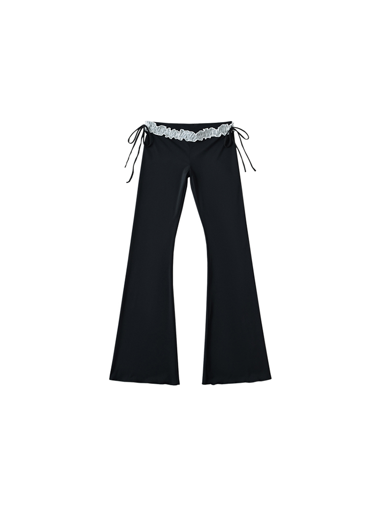 Ruched Drawstring Flare Pants with Lace Trim