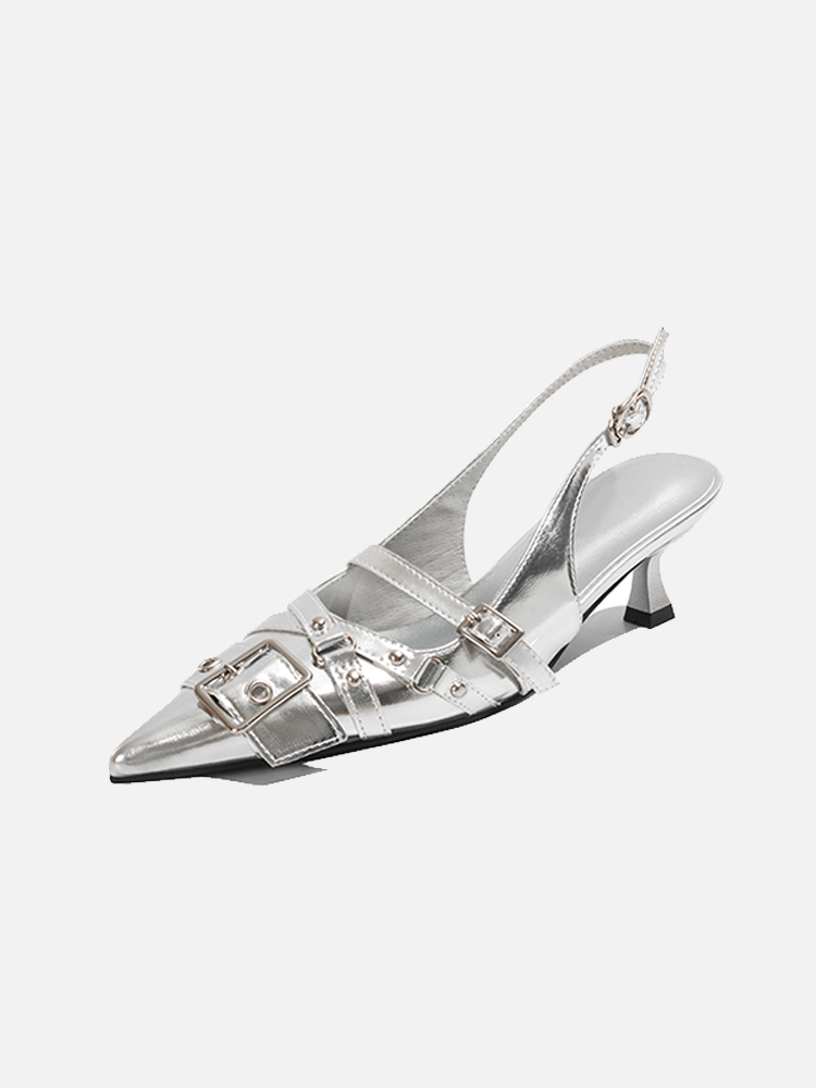 Silver Pointed Toe Leather High Heel Slide with Buckle
